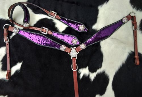 Showman Purple and Silver Sequins Inlay Single Ear Headstall and Breast Collar Set #2